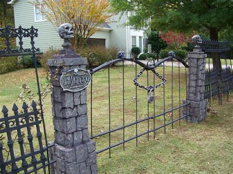 scary metal fence around house|halloween cemetery fence layout.